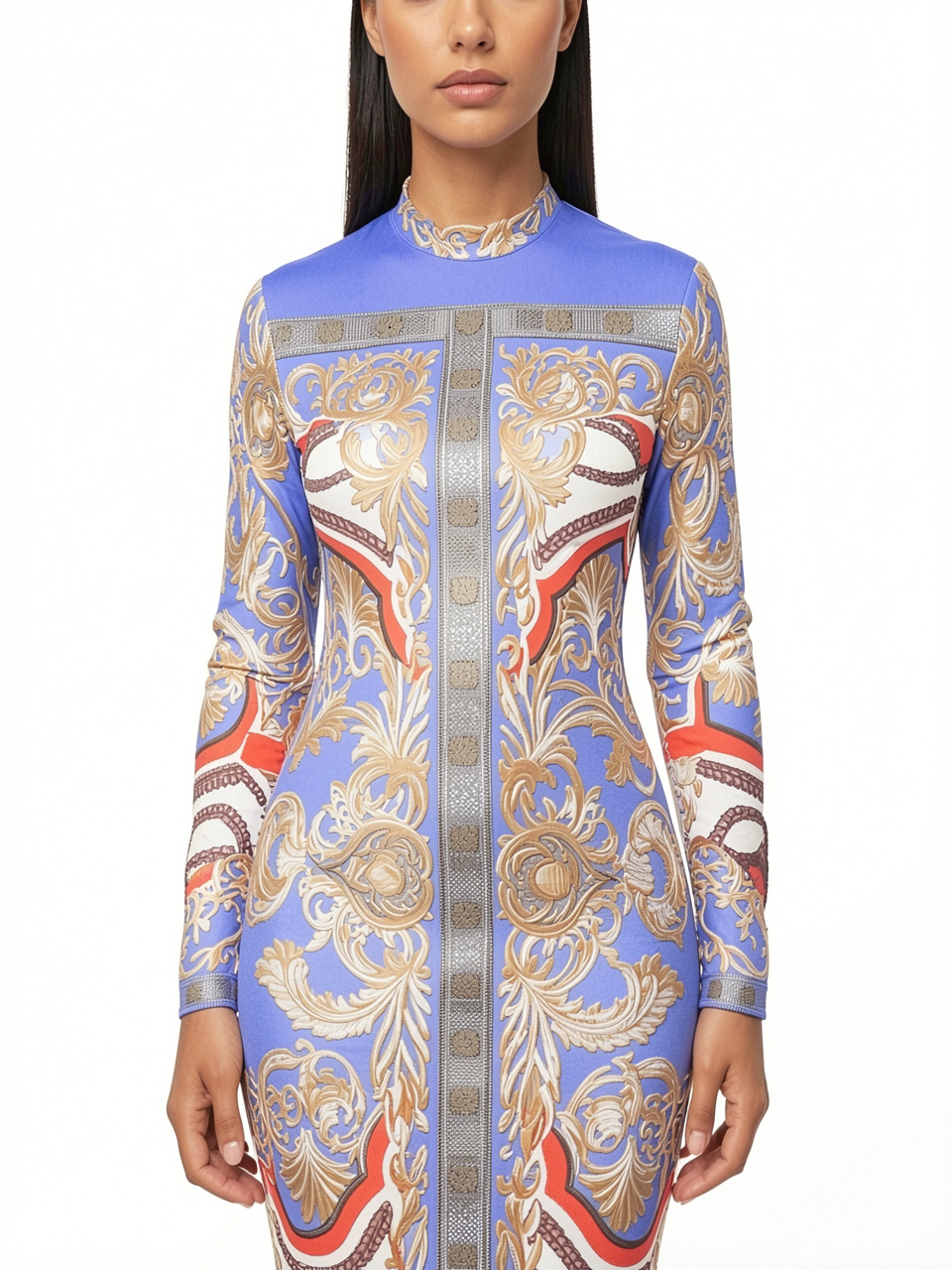 Baroque Print Long Sleeve Midi Dress