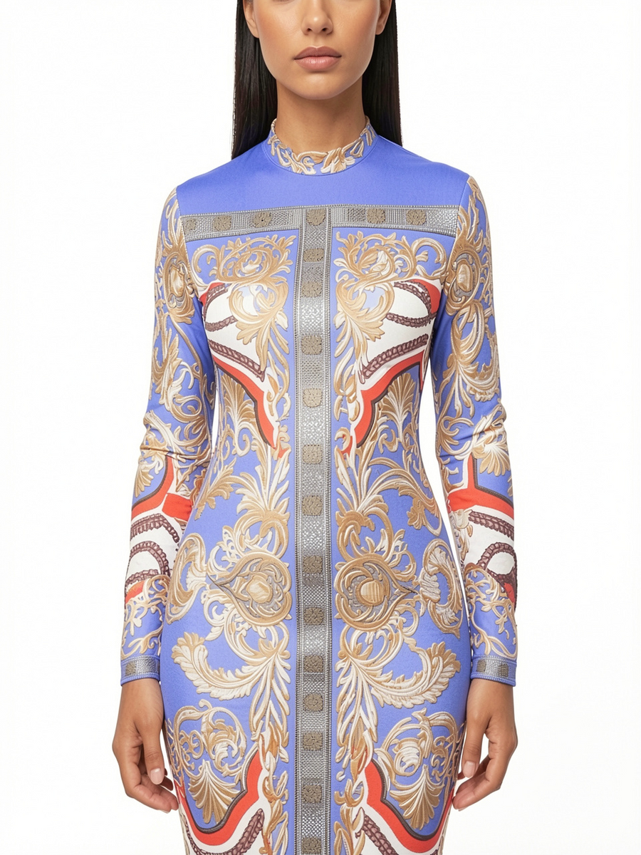 Baroque Print Long Sleeve Midi Dress