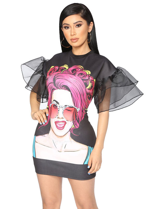 Black Net Yarn Sleeve Graphic Mini Dress