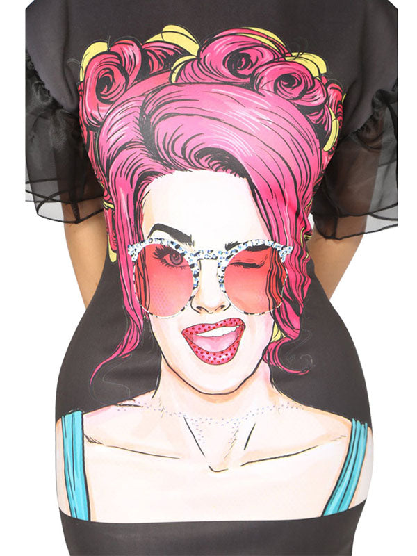Black Net Yarn Sleeve Graphic Mini Dress