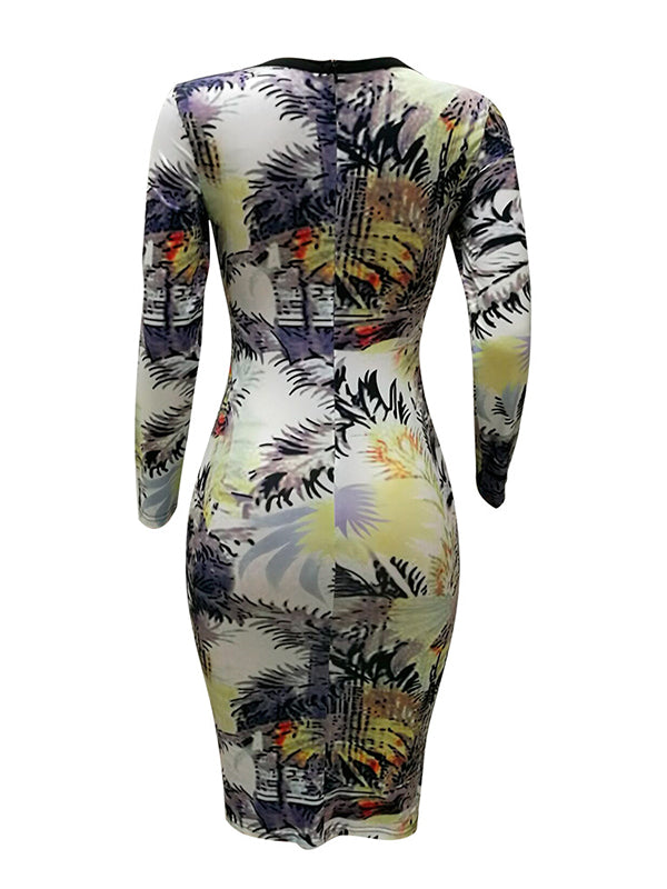 Tropical Leaf Print Long Sleeve Midi Dress
