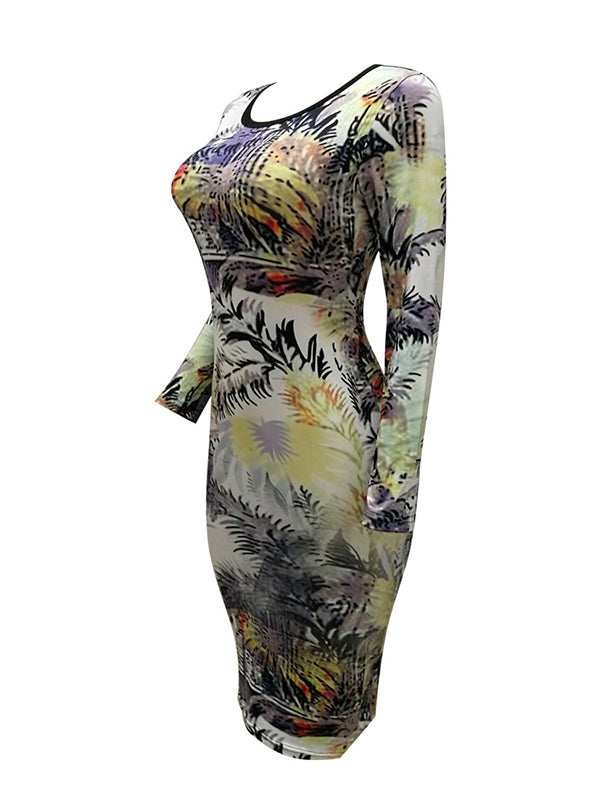 Tropical Leaf Print Long Sleeve Midi Dress
