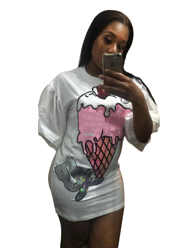 Ice Cream Print White T-Shirt Dress