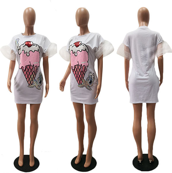 Ice Cream Print White T-Shirt Dress