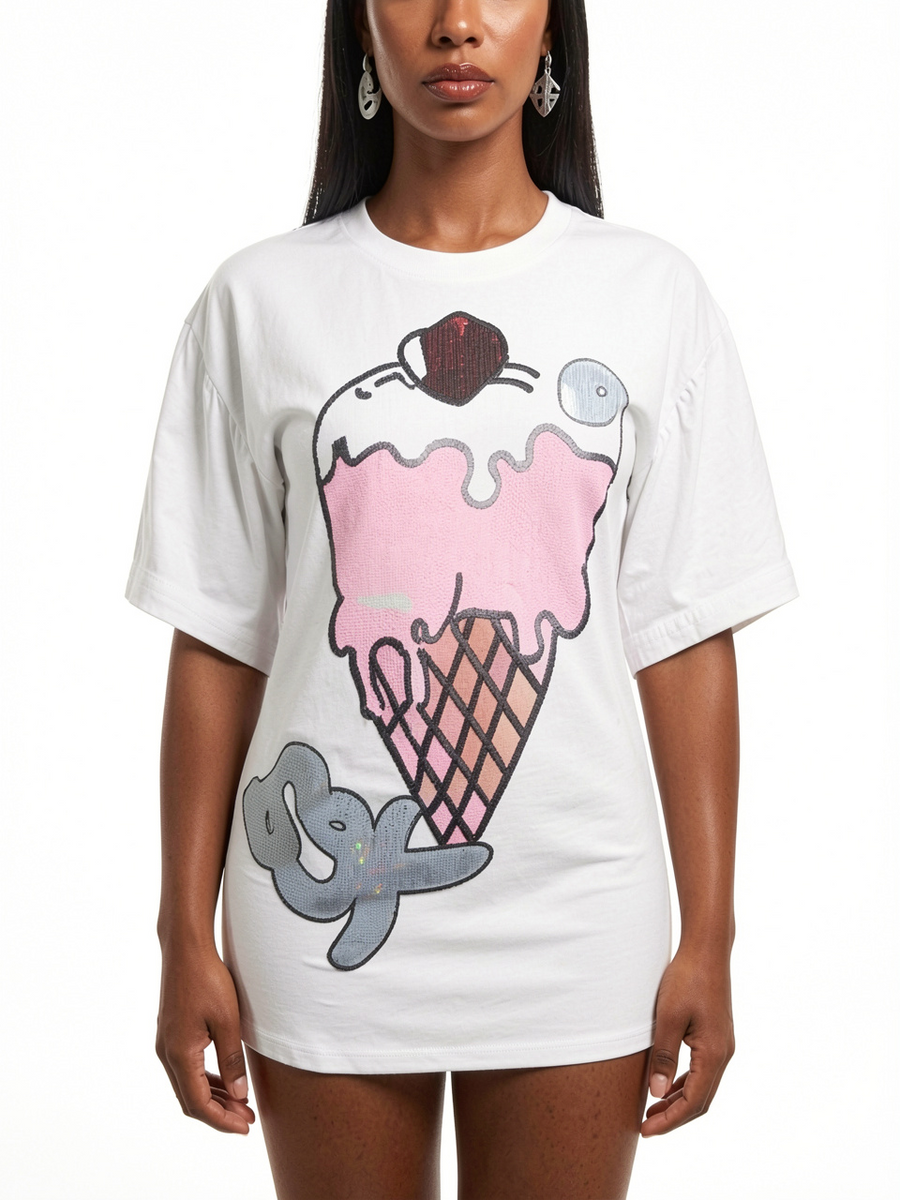 Ice Cream Print White T-Shirt Dress