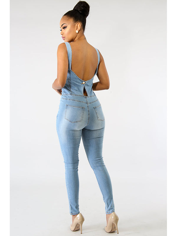 Women Sexy Deep V Neck Denim Jumpsuit