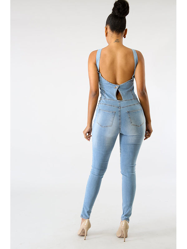 Women Sexy Deep V Neck Denim Jumpsuit