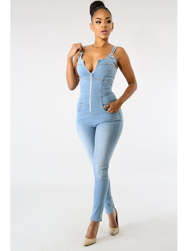 Women Sexy Deep V Neck Denim Jumpsuit