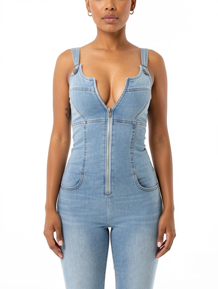 Women Sexy Deep V Neck Denim Jumpsuit