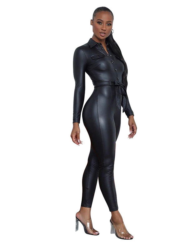 Women Long Sleeve Vinly Jumpsuit