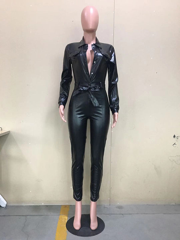 Women Long Sleeve Vinly Jumpsuit