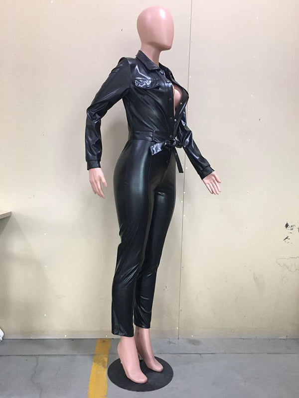 Women Long Sleeve Vinly Jumpsuit