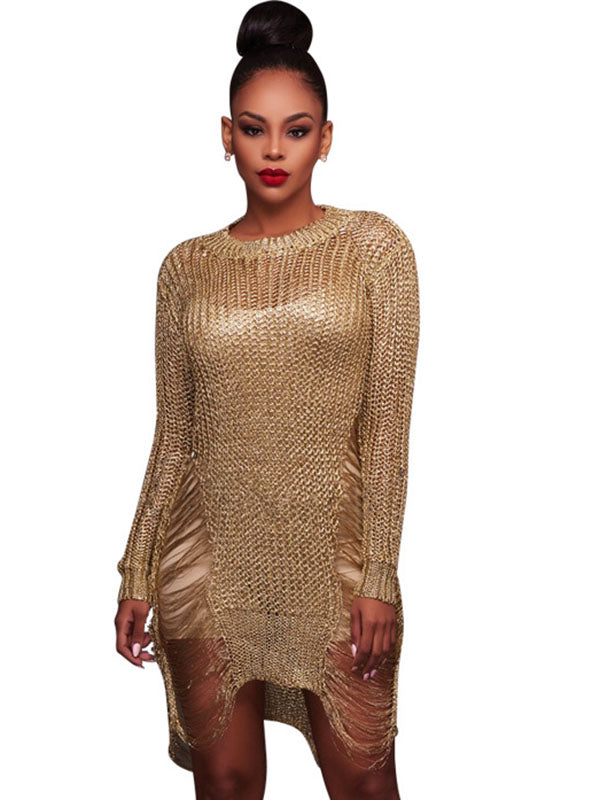 Metallic Open Knit Long Sleeve Sweater Mini Dress