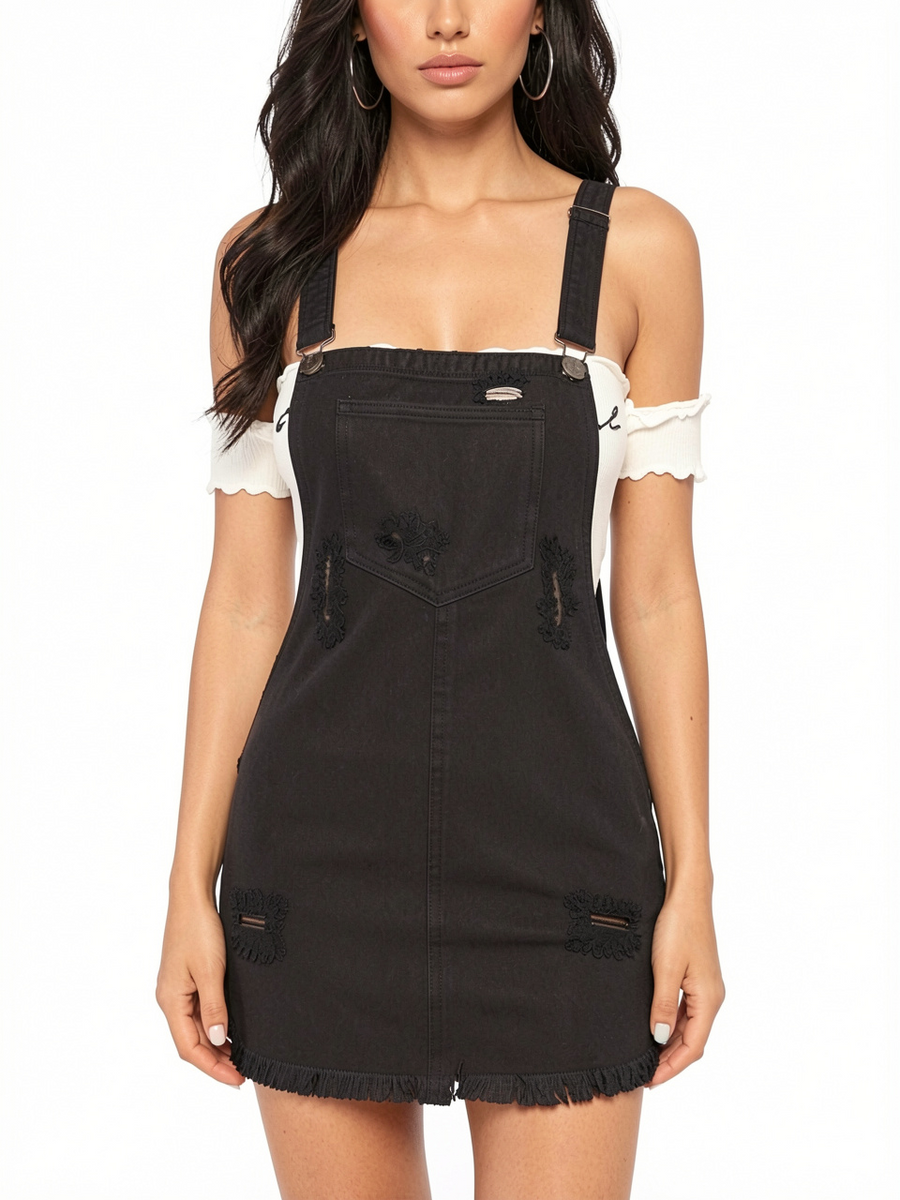 Women Distressed Denim Overall Mini Dress