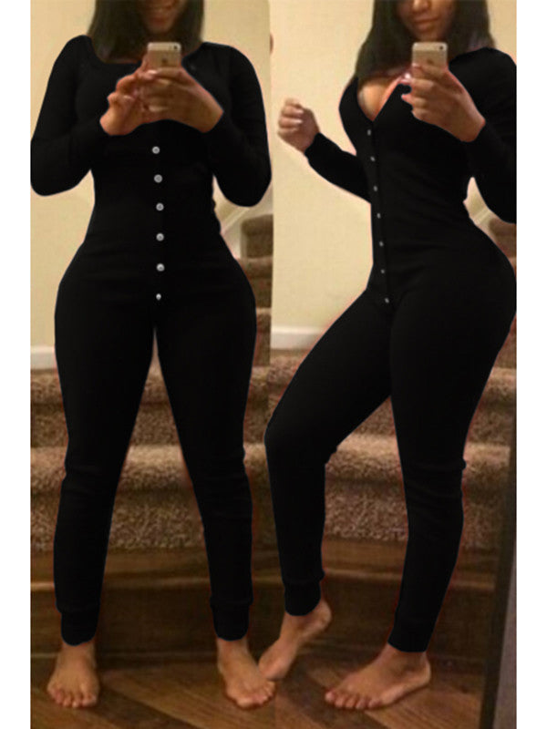 Women Sexy V-neck Bodycon Jumpsuit Button Up - Black