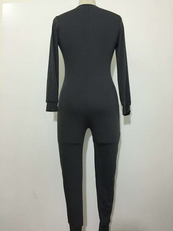 Women Sexy V-neck Bodycon Jumpsuit Button Up - Black