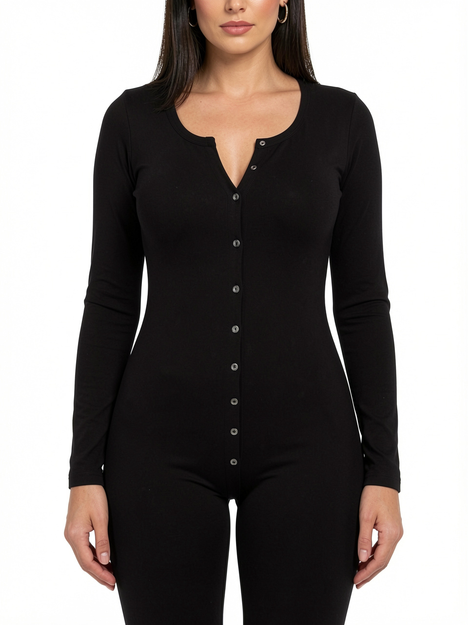Women Sexy V-neck Bodycon Jumpsuit Button Up - Black