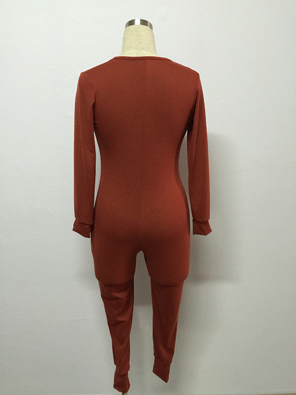 Women Sexy V-neck Bodycon Jumpsuit Button Up
