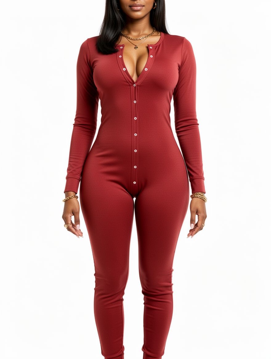 Women Sexy V-neck Bodycon Jumpsuit Button Up