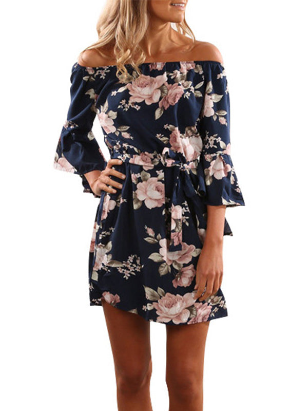 Off Shoulder Floral Bell Sleeve Mini Dress