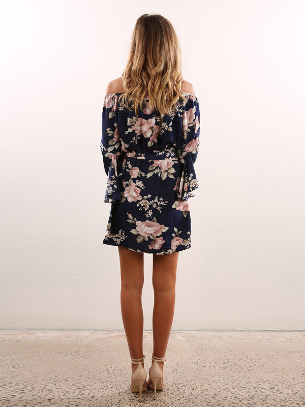 Off Shoulder Floral Bell Sleeve Mini Dress