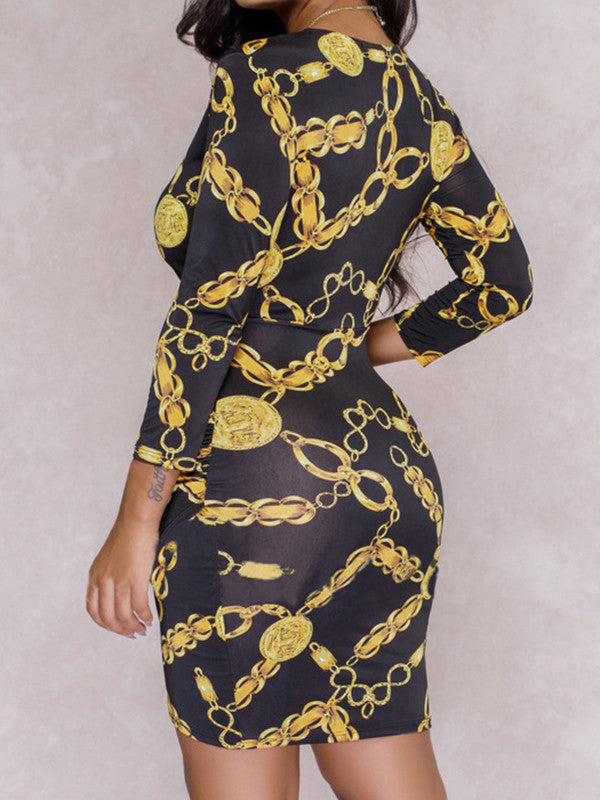 V Neck Chain Print Bodycon Mini Dress