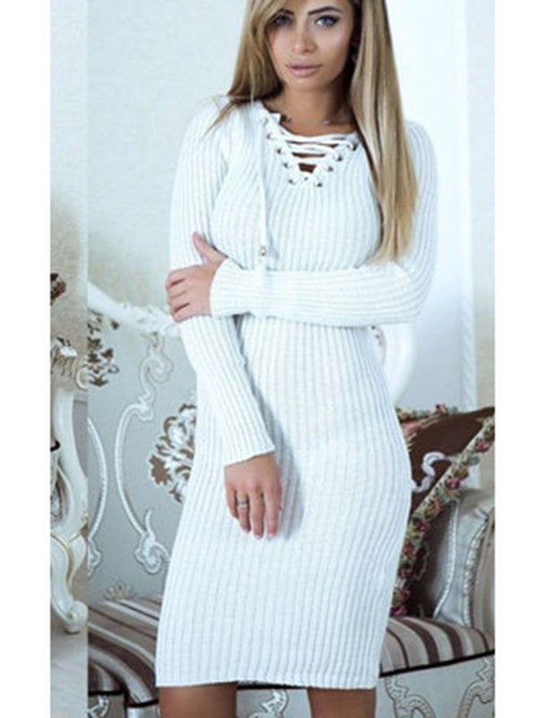 Lace-Up V Neck Ribbed Sweater Dress