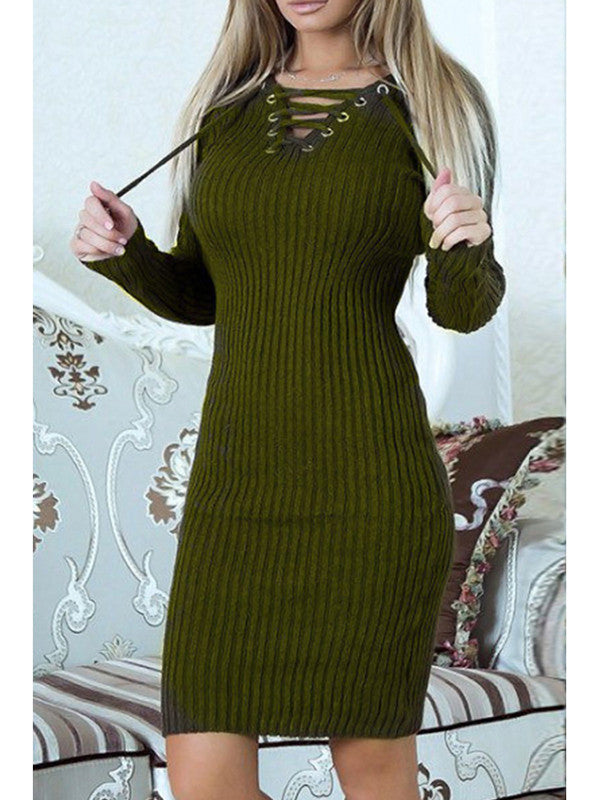 Lace-Up V Neck Ribbed Sweater Dress