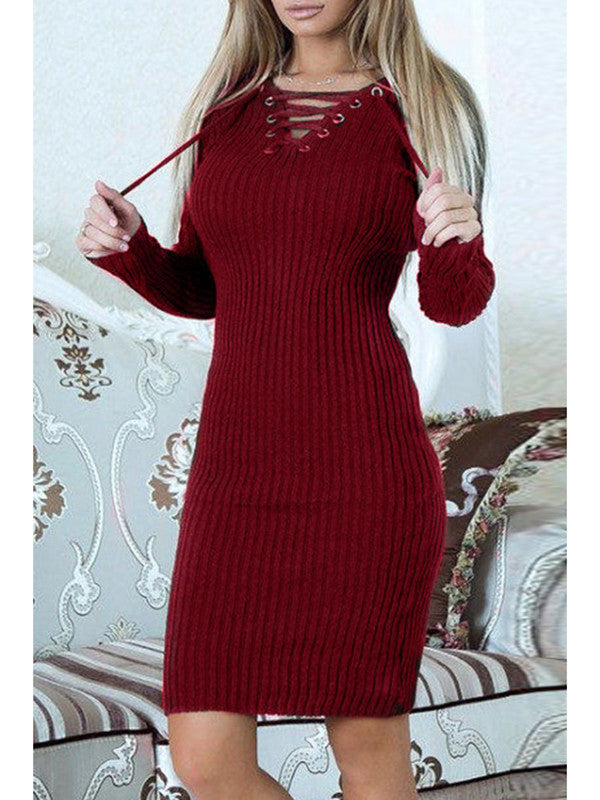 Lace-Up V Neck Ribbed Sweater Dress
