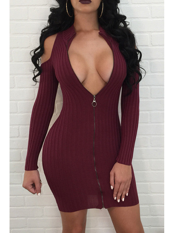Plunge Zip Front Cold Shoulder Sweater Dress