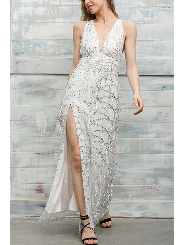White Bohemian V Neck Sleeveless Dress