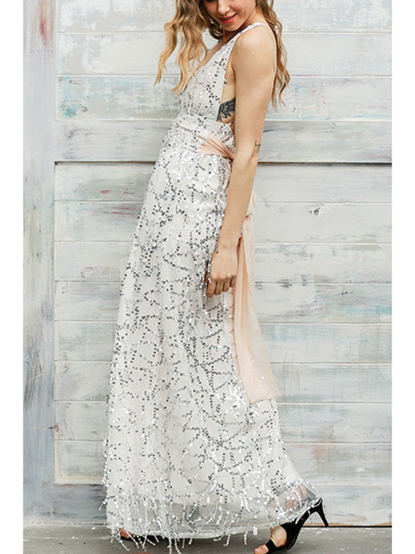White Bohemian V Neck Sleeveless Dress