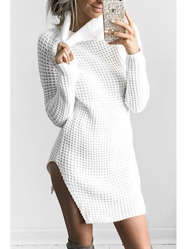 Turtleneck Side Slit Knit Sweater Mini Dress