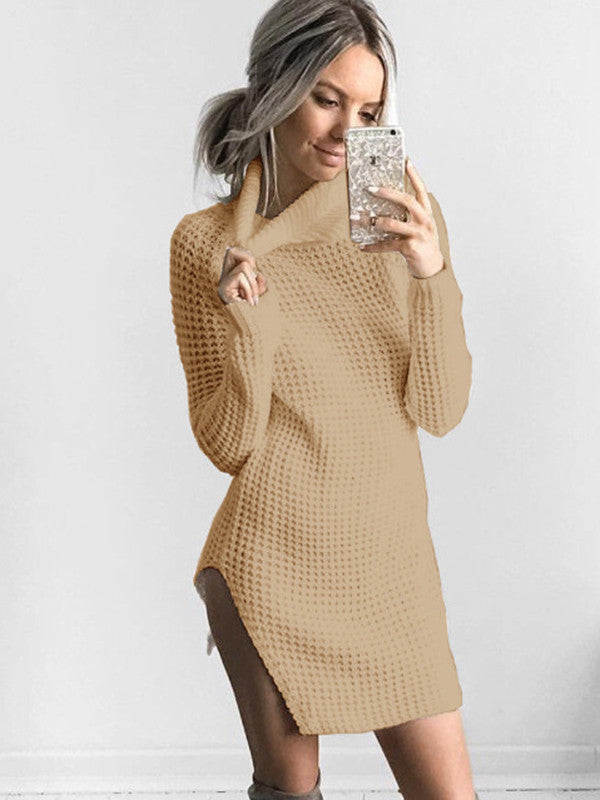 Turtleneck Side Slit Knit Sweater Mini Dress