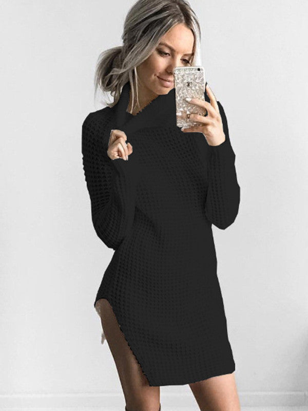 Turtleneck Side Slit Knit Sweater Mini Dress