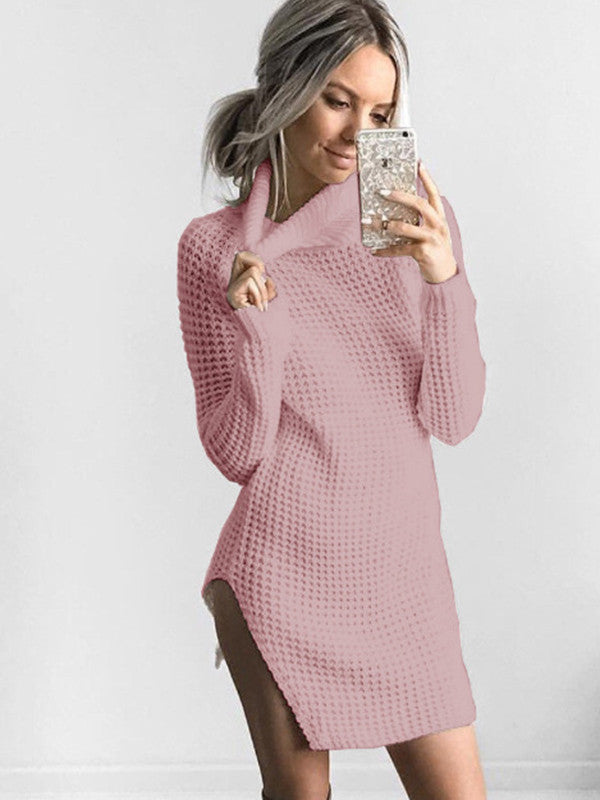 Turtleneck Side Slit Knit Sweater Mini Dress