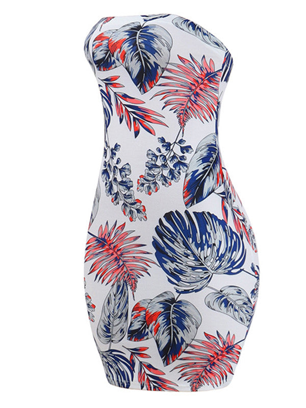 Strapless Tropical Print Bodycon Mini Dress