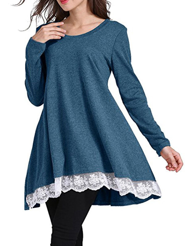 Women Long Sleeve Loose Lace Hem T-Shirt Dress