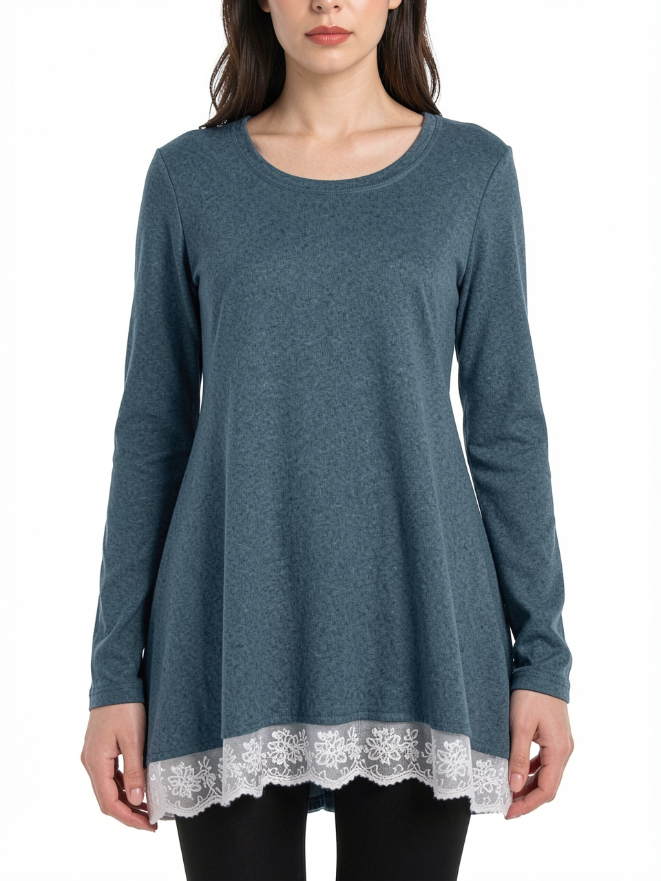 Women Long Sleeve Loose Lace Hem T-Shirt Dress