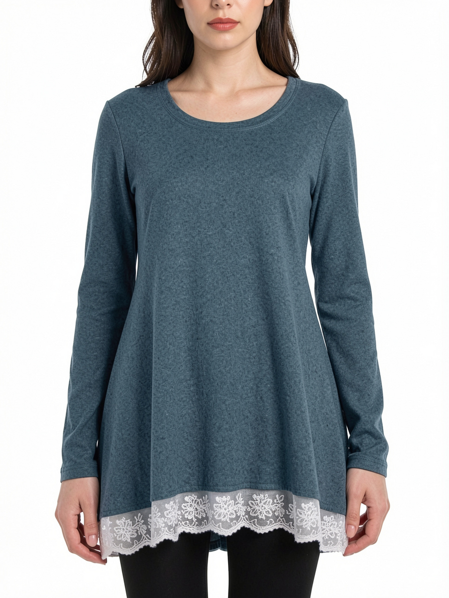 Women Long Sleeve Loose Lace Hem T-Shirt Dress