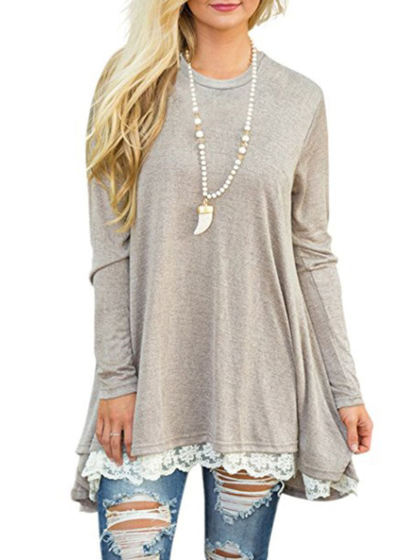 Women Long Sleeve Loose Lace Hem T-Shirt Dress
