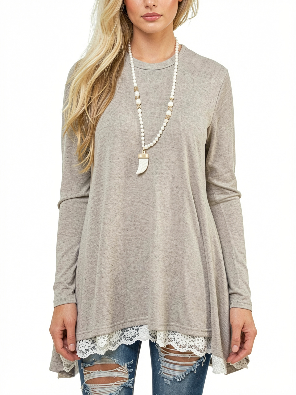 Women Long Sleeve Loose Lace Hem T-Shirt Dress