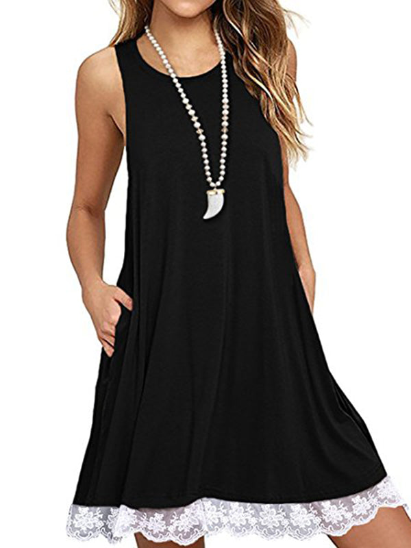 Women Sleeveless Loose Lace Hem Casual Dress