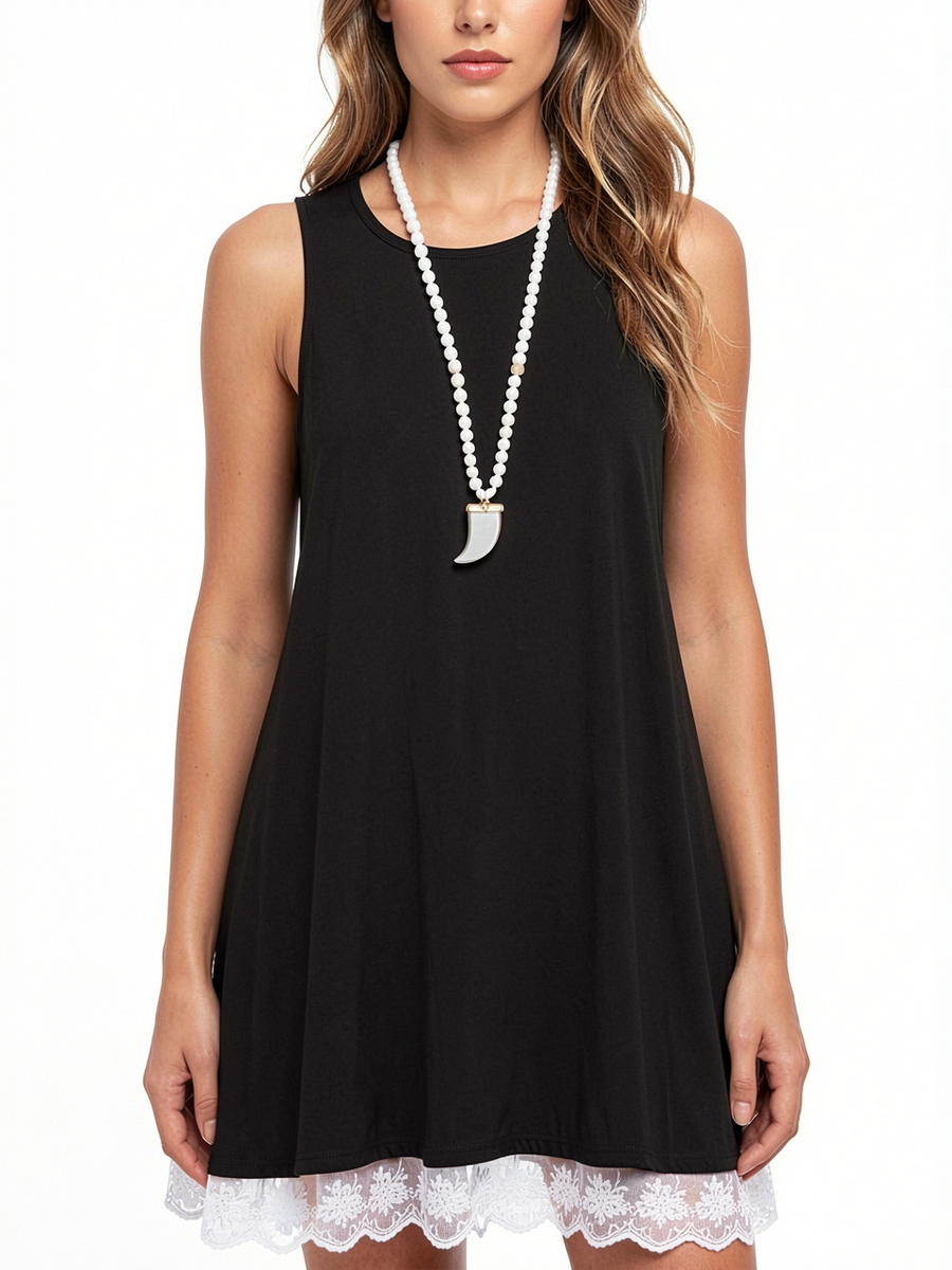 Women Sleeveless Loose Lace Hem Casual Dress
