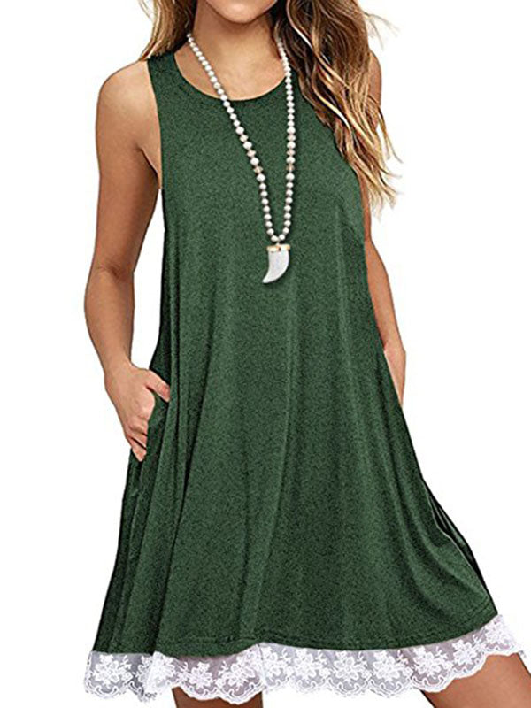 Women Sleeveless Loose Lace Hem Casual Dress