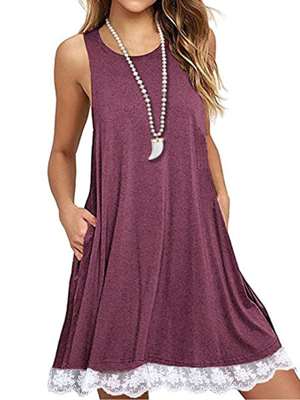 Women Sleeveless Loose Lace Hem Casual Dress