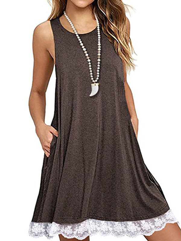 Women Sleeveless Loose Lace Hem Casual Dress