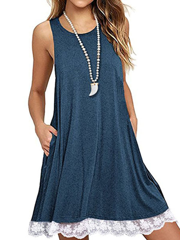 Women Sleeveless Loose Lace Hem Casual Dress