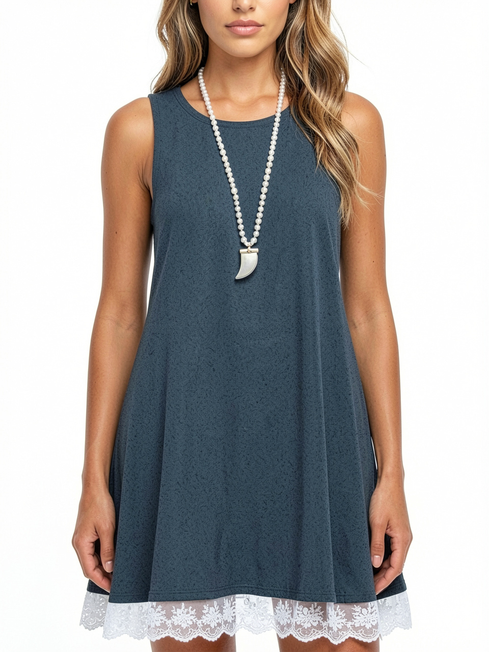 Women Sleeveless Loose Lace Hem Casual Dress