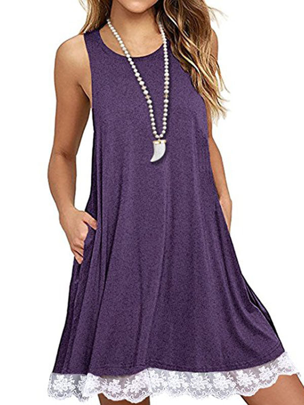 Women Sleeveless Loose Lace Hem Casual Dress